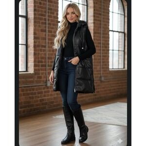 Fashion Nova Acting Up Faux Leather Puffer Long Vest Black Women's Sz S Hooded